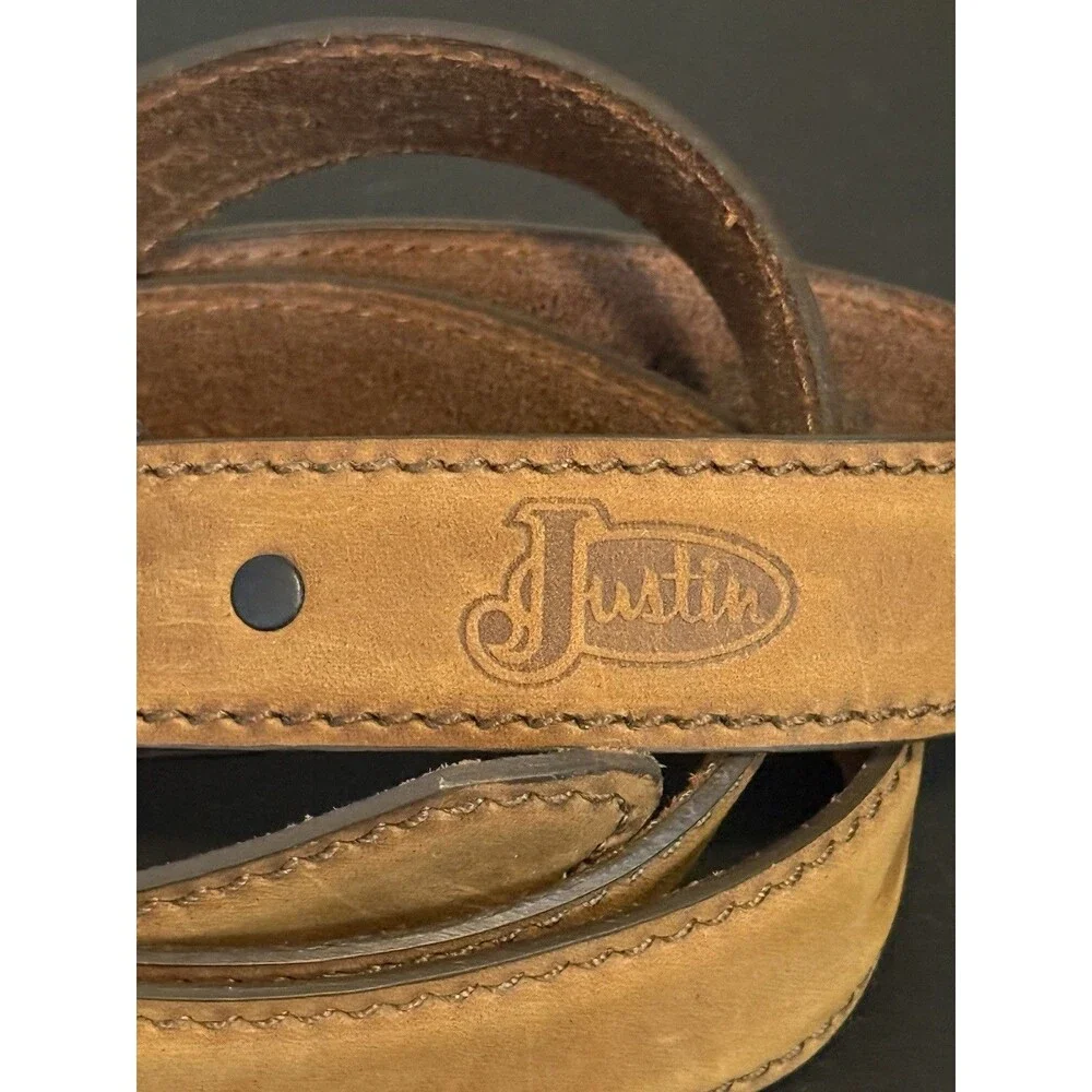 Justin Top Grain Cowhide Brown Leather Belt Silver Hardware 48